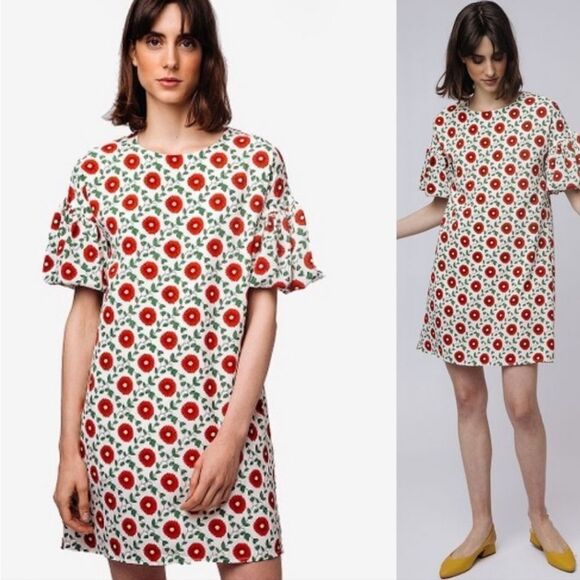 🔹️🔺️NWT Compania Fantastica Cream & Red Floral Print Bubble Sleeve Dress Large - Picture 1 of 16